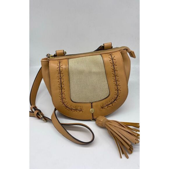 Sondra Roberts Squared cross stitched saddlebag handbag - tan and canvas - Picture 7 of 8